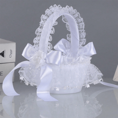 1 Flower Basket, Western-Style Lace Wedding Flower Basket With 3D Flower Bow, Suitable For Party Dance Celebrations, Can Be Used For Outdoor Picnic Decoration, Decorative Flower Basket