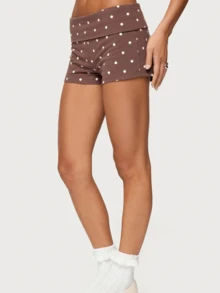 Women Y2K Low Rise Foldover Polka Dot Mini Yoga Micro Shorts Fold Over Bottoms Pajama Pj Short - màu nâu - Xem 2