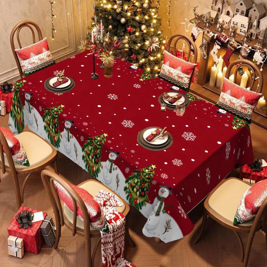 1 件可爱圣诞雪人和圣诞树图案桌布，雪花背景防水涤纶桌布，适用于厨房、客厅、餐厅、室内和室外，圣诞装饰 - 彩色 - 查看 1