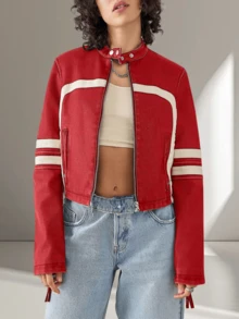 Women's Faux Leather Jackets Zip Up Stand Collar Cropped Viral Must-Have PU Coats Christmas Gift & New Year Gift - Đỏ - Xem 1