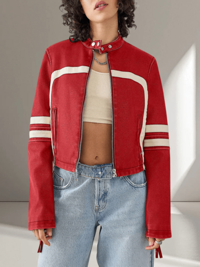 Women's Faux Leather Jackets Zip Up Stand Collar Cropped Viral Must-Have PU Coats