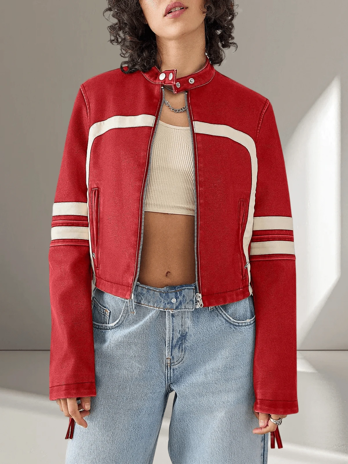 Women's Faux Leather Jackets Zip Up Stand Collar Cropped Viral Must-Have PU Coats Christmas Gift & New Year Gift - Đỏ - Xem 1