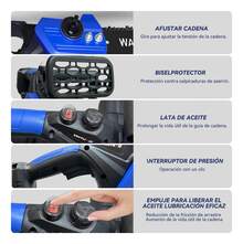 Wanse 1100W Potencia Motosierra Inalámbrica Portátil Eléctrica 12 Pulgadas Mano Portátil Con 5 Cadenas Y 2 Batería Y 1 Cargador Y Guantes Herramientas Ideal Para Jardinería Y Podar Árboles Pequeños - Azul - Ver 2