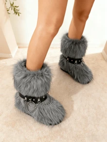 Women's Winter Furry Snow Boots Fuzzy Fluffy Round Toe Suede Booties Flat Heel Slip On Outdoor Indoor Shoes Fashion Warm Fluffy Shoes