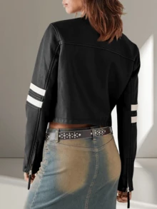 Women's Faux Leather Jackets Zip Up Stand Collar Cropped Viral Must-Have PU Coats Christmas Gift & New Year Gift - màu đen - Xem 4