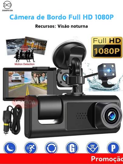 Câmera Veicular 3 Lentes 1080P com Visão Noturna, Sensor G, Gravação em Loop e Tela LCD