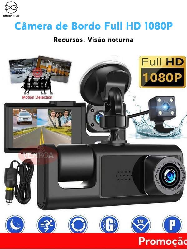 Câmera Veicular 3 Lentes 1080P com Visão Noturna, Sensor G, Gravação em Loop e Tela LCD