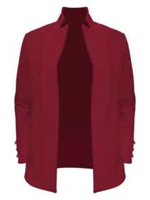 1件女士优雅纯色翻领纽扣开衫毛衣，春秋季 - 酒紅色 - 查看 2