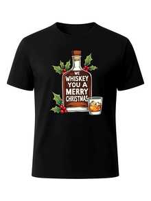 Camiseta estampada para hombre con diseño divertido navideño de botella y vaso de whisky, estilo moderno, casual, cómoda, ideal para fiestas y regalos - Negro - Ver 2