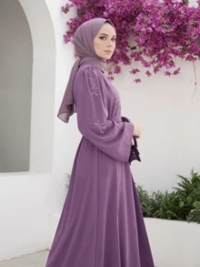 Herbstkleidung für Frauen, Halloween Abaya, elegantes, bescheidenes Kleid mit Knopfleiste, verhindert Leckage von Licht, Gürtel, lange Robe - Violett - Übersicht 1