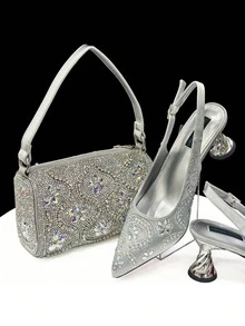 Venus Chan Fashion Silver Shoe And Bag Set For Party In Women Women Shoes And Bags To Match Set Italy Lady Rhinestone Elegant Heeled Pumps - Silver - View 9