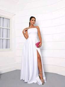 Long Strapless Dress Graduation Party Wedding Night - trắng - Xem 1