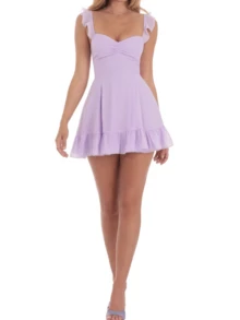 Women Y2k Graduation Mini Dress Ruffle Hem Lace Short Dress Flowy A Line Tie Back Dresses Teen Girl Party Clubwear - Màu tím - Xem 4