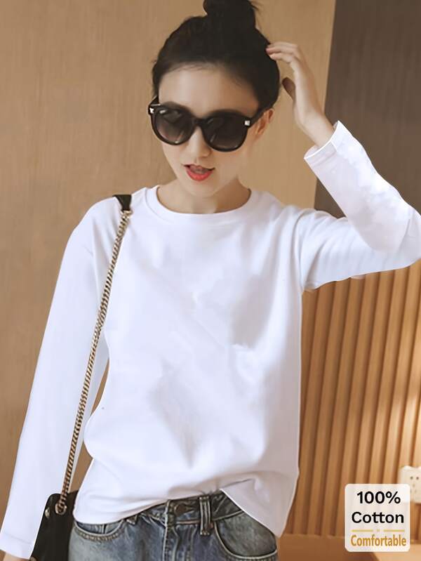 Women's Cotton Long Sleeve T-Shirt, Loose Mid-Length White Top, Layering Shirt, Fashionable For Autumn/Winter