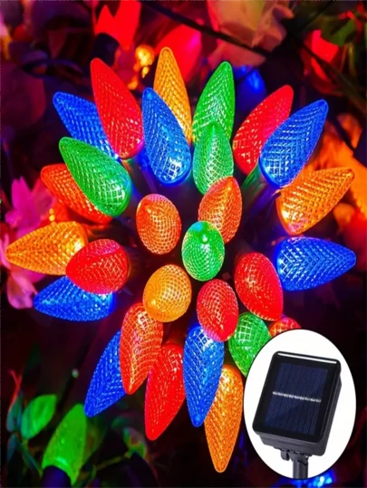 1 pieza Luces de cadena solares con forma de fresa, luces decorativas navideñas para exteriores, luces de ambiente navideño, 8 modos de luces decorativas para el patio, muy adecuadas para árboles de Navidad, coronas y decoración navideña para el hogar, regalos de Navidad, decoración navideña