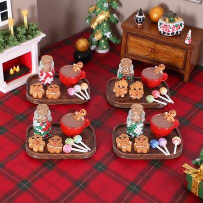 Set de 8 piezas/Set de decoración de casa de muñecas navideña, juguete de comida en miniatura que incluye hombre de jengibre, caramelos, café, modelo de decoración DIY