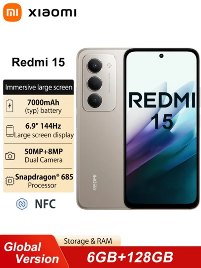 Xiaomi Redmi 15 6+128G 智能手机国际版 沉浸式 6.9 英寸 FHD+ 显示屏 50MP AI 双摄像头系统 7000mAh 大容量电池 33W 快速充电 Snapdragon® 685 移动平台