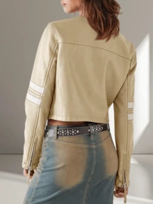 Women's Faux Leather Jackets Zip Up Stand Collar Cropped Viral Must-Have PU Coats Christmas Gift & New Year Gift - Apricot - View 4