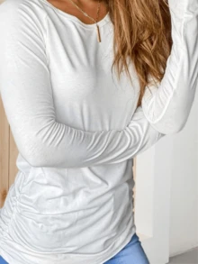 Fisoew Women's Long Sleeve Thumb Hole T Shirt Crew Neck Plain Design Casual Ruched Tee Top - trắng - Xem 3