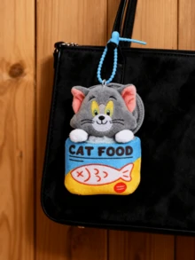 Classic Tom Cat from Tom & Jerry "CAT FOOD" Can Plush Keychain - Soft Grey Plush with Pink Inner Ears, Yellow Eyes & White Paws, Emerging from Blue-Yellow Can ("CAT FOOD" Text + Red Fish Print), Blue Elastic Strap, Paired with Jerry's Cheese Cans, Cans, Canons/