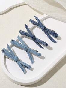 4pcs Y2K Style Jeans Fabric Bow Hairclips For Girls Side Bangs And Braids - Multicolor - View 4