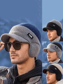 1 件男士冬季针织帽，带护耳和遮阳帽，100% 腈纶，保暖且有弹性，多色可选，适合户外旅行、运动和休闲穿着，可手洗寒冷天气无檐便帽