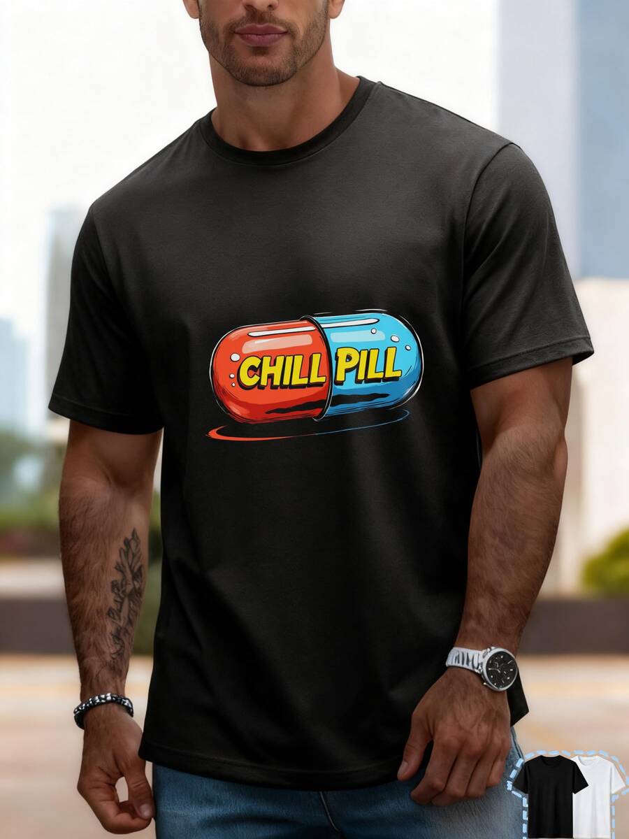 Camiseta de Manga Corta para Hombre de Algodón Puro Impresa, Manga Corta de Algodón Peinado, Transpirable, Ajuste Slim, Línea de Hombro, Camiseta de Uso Diario - Negro - Ver 1