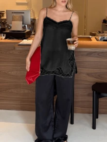 Women's Y2K Lace Trim Side Slit Cami Top Spaghetti Strap Casual  Blouse For Summer Daily Streetwear Date - 黑色 - 查看 8