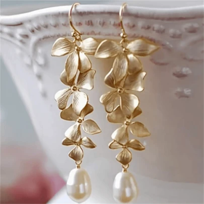 1 Pair Bohemian Vintage Flower & Faux Pearl Tassel Earrings, Fashion Jewelry Gift For Women, Wedding & Party