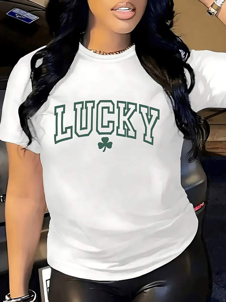 Camiseta blanca de mujer con estampado de trébol y palabra Lucky", estilo casual moderno, cuello redondo, manga corta, tejido suave y cómodo para verano - Blanco - Añade 1