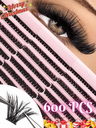 600 kluster Hett sålda högkvalitativa 80D DIY enkelfransförlängningskit, ögonfransbokset - Stor kapacitet 3 lådor med D-Curl ögonfranskluster, 10-16 mm blandade längder, mjuka och fluffiga konstmink-enkelfransar, lämpliga för hemmabruk | Återanvändbara, lätta, enkla att applicera, lämpliga för nybörjare, kattögonmakeup eller cosplay-looker