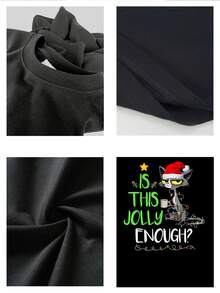 Camiseta masculina con estampado divertido de gato navideño con luces de colores, diseño moderno y cómodo para fiestas, ideal para regalo informal de invierno - Negro - Ver 4