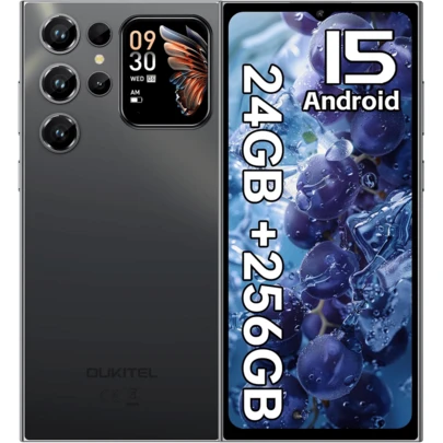  OUKITEL C62 Pro 安卓 15 系统无锁智能手机，24GB+256GB 存储空间，特价优惠，6.88 英寸 90Hz 前置屏幕和 1.81 英寸后置副屏，5150mAh 电池，13MP+5MP 双摄像头，支持指纹识别、面部识别、蓝牙 5.0 和 NFC。