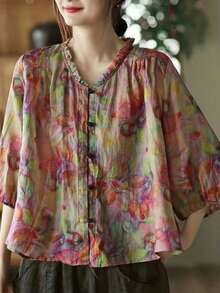 女士全印花纽扣门襟荷叶边休闲宽松衬衫上衣 - 彩色 - 查看 3