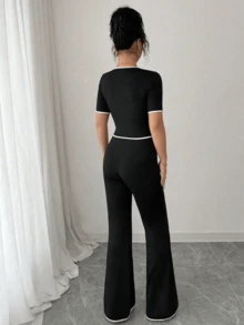 Conjunto de 2 piezas para mujer con top elegante de botones delanteros y pantalones para uso casual y de oficina - Negro - Ver 2