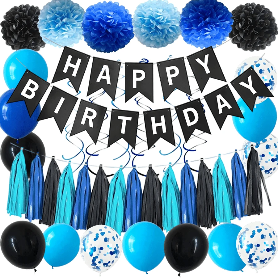 藍色與黑色生日派對裝飾,生日裝飾,生日派對裝飾,藍色氣球,生日快樂橫幅,適合男性的生日快樂派對裝飾,適用於萬聖節、退伍軍人節、感恩節、聖誕節 - 藍黑派對套 - 查看 1