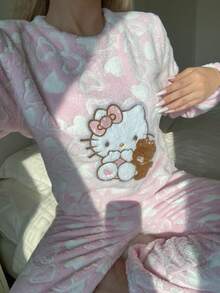 SANRIO 2件套卡通印花毛绒爱心舒适女士睡衣套装 - 粉色 - 查看 8