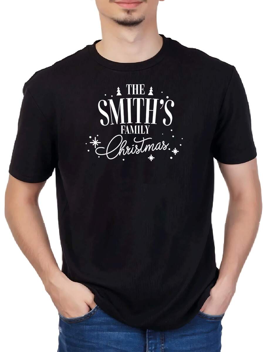 Camiseta masculina con estampado navideño elegante, diseño moderno y cálido de invierno, tejido cómodo, casual, ideal para fiestas y estilo diario - Negro - Ver 1