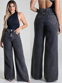 Women's Wide Leg Black Marbled Mid-Rise Wide Leg Jeans - Xám - Xem 1