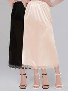 QING ROU 两件套舒适塑身吊带裙套装，纯色无缝吊带裙，撞色蕾丝边衬里，日常穿着塑身衣 - 彩色 - 查看 22