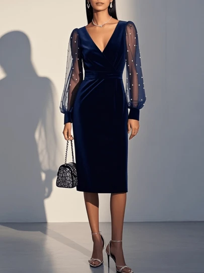 Elegant Velvet Dress With Mesh Inset, V-Neck, Formal Evening Gown, Navy Blue Mesh, Faux Pearl, V-Neck, Long Lantern Sleeve, Fitted Mid-Length Dress