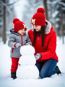 1 件亲子 A-Z 字母针织帽女童帽子儿童无檐帽婴儿配饰儿童帽子弹力学生女孩男孩帽子 - 紅色 - 查看 2