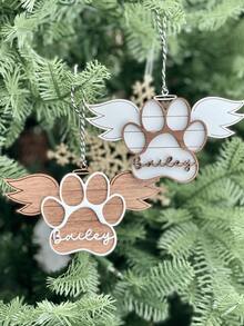 Enfeite personalizado em forma de pata de animal de estimação para amantes de pets, com nome gravado, em madeira, com design rústico de asas de anjo e formato redondo. Ideal para o Natal, aniversários e Dia da Lembrança do Animal de Estimação. - Branco - Ver 3