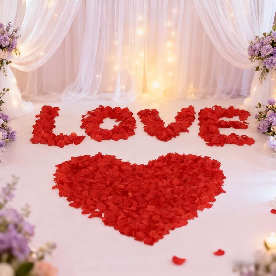 100 Pieces Red Artificial Rose Petals, Romantic Wedding Decorations, Bridal Showers, Valentine's Day Proposals, Wedding Room Decorations, Proposals, And Confessions. Create A Romantic Atmosphere. - 紅色 - 查看 1
