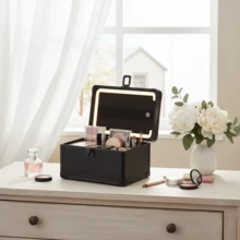带可拆卸LED灯镜的化妆盒，便携式旅行化妆盒，带可调节隔板，化妆品收纳盒和带磁吸LED镜的小化妆包（黑色），旅行必备，旅行，情人节，房间装饰，钱包必备，女士化妆包，钱包必备单品，邮轮必备，设计师手提包，基础款，梳妆台必备，房间，可爱化妆包 - 黑色 - 查看 3