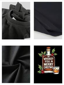 Camiseta estampada para hombre con diseño divertido navideño de botella y vaso de whisky, estilo moderno, casual, cómoda, ideal para fiestas y regalos - Negro - Ver 4
