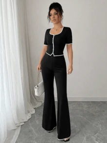 Conjunto de 2 piezas para mujer con top elegante de botones delanteros y pantalones para uso casual y de oficina - Negro - Ver 4