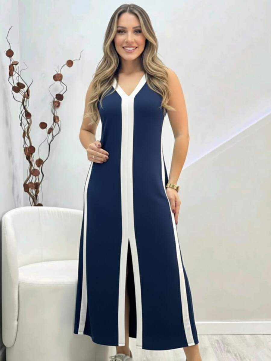 Long Knitted Dress With V-Neckline, Two-Tone Tank Top, Stripes And Slit, Comfortable And Loose - 藏蓝色 - 查看 1