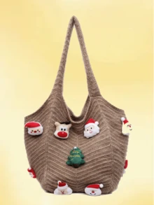 1pc, Versatile Fashion , High-Value Niche Design, Hand Bill Of Lading Shoulder Tote Bag, Contrast Knitted Fabric, Multi-Color Optional Large-Capacity Fan-Shaped Bag For Santa Claus Christmas Tree Deer Decoration, Suitable For Ladies' Daily Commuting And Shopping Occasions.