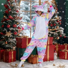 Pijama Entero Unisex de Pelo, Pareja Invierno Otoño Diseño Cartoon Estrellas Coloridas, Disfraz Halloween Navidad, Regalo Dormir Adulto en Casa - Multicolor - Ver 7